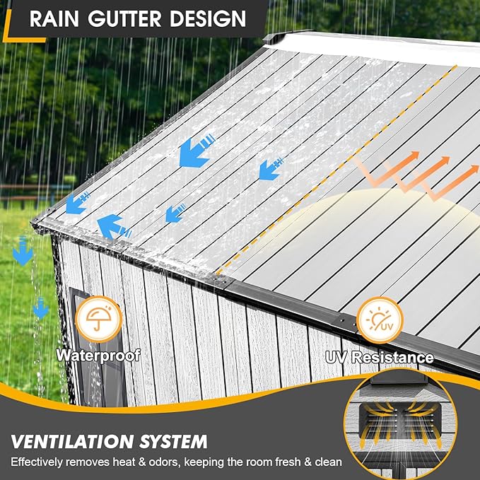MELLCOM 8 x 12 FT Outdoor Resin Storage Shed with Floor, Garden Storage Shed with Windows and Lockable Door, Resin Tool Shed for Lawnmower, Pool Supply, Bike