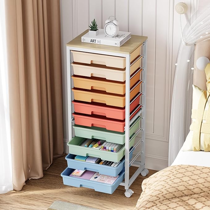 Rolling Cart with Drawers,10 Drawer Rolling Cart,Storage Cart with Wheels,Utility Cart with Drawers,Teacher Cart for Classroom Storage,Craft Cart with Wheels and Wooden Tabletop,Rainbow