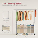 Tajsoon Laundry Sorter with Hanging Bar, 5 Bag Laundry Sorter with Wheels, 246L (65 Gal.) Laundry Hamper with Adjustable Hanging Rack, Laundry Room Organization and Storage, Beige