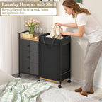Laundry Hamper with Wheels, Laundry Sorter with Shelf and 3 Drawers, Total Capacity 123L/32.5 Gal (3 Drawers+Bags), Laundry Cabinet with Fabric Detachable Bags, Clothes Hampers for Bedroom Bathroom