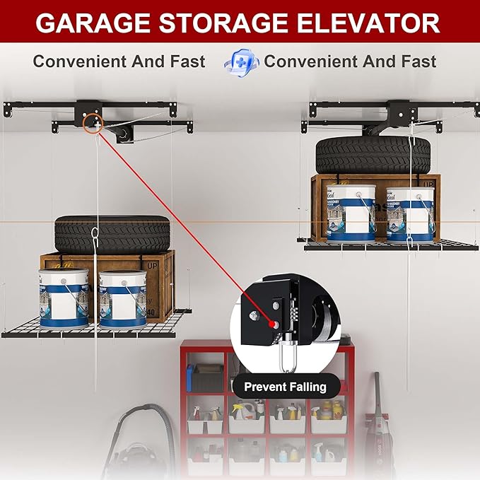 4x4 Garage Ceiling Storage Racks With Crank Lift, Garage Overhead Storage Racks For High Ceilings 10–12 Ft, 250 Lbs Load Capacity, All-Steel Frame, Garage Organization System (4 x 4)