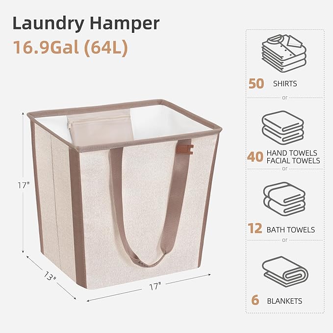 STORAGE MANIAC Collapsible Laundry Basket, 16.9 Gal. Large Pop-up Laundry Hamper with Long Carry Handles, Space-Saving Foldable Clothes Hamper with Bottom Elastic Band, Travel Laundry Bags, Oat Beige