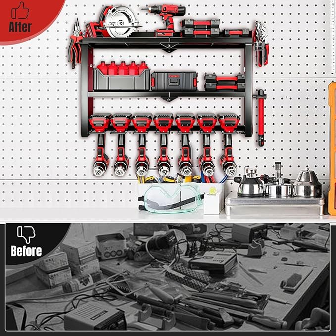 Power Tool Organizer Wall Mount, 150Lbs 3 Layer Metal Tool Storage Rack with 7 Cordless Drill Holder Heavy Duty, Battery Drills Storage Tool Organizer for Workshop,Garage,Tool Room,Pegboard