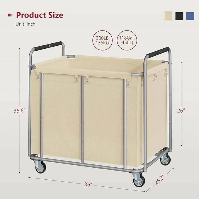 Tajsoon 450L Extra Large Laundry Basket with Wheels, Rolling Laundry Hamper with Handle, Heavy Duty Laundry Cart with Metal Frame, Commercial Laundry Sorter for Hotel, Bathroom, Bedroom, Khaki