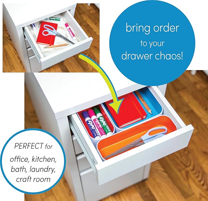 Three by Three Seattle 10 Piece Metal Organizer Tray Set for Storing Makeup, Stationery, Utensils, and More in Office Desk, Kitchen and Bathroom Drawers (2 Inch, Assorted Colors)