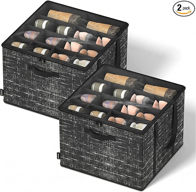 SONGMICS Shoe Organizer for Closet, Set of 2, Shoe Storage Box with Clear Lid, Foldable Fabric Bins, Holds 32 Pairs Total, Reinforced Handles, 16.5 x 16.5 x 12.5 Inches, Ink Black ULSP602B01