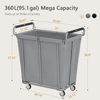 Large Laundry Hamper with Wheels, 360L Rolling Big Laundry Basket for Clothes Storage, Heavy Duty Extra Large Rolling Laundry Cart with Handle, Steel Frame, Waterproof Liner,95.1 Gallons,Grey