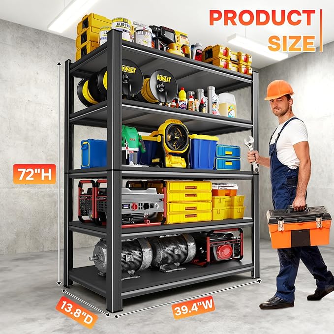 72" H x 39.4" W Metal Storage Shelves, 5-Tier Garage Shelving Unit, Heavy Duty & Adjustable, Easy Assemble Rust-Resistant Utility Rack for Pantry Kitchen, Pantry, Basement, Warehouse
