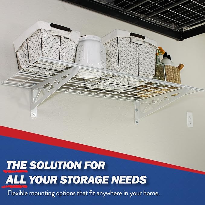 SafeRacks Wall Shelves - 4 Pk 24"x48" Wall Mountable Shelving Unit for Storage Rack, Pantry Shelves, Utility Shelving, Heavy Duty Shelves w/ 8 Versatile Accessory Hooks, 500lbs Capacity, White
