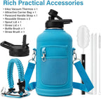 Insulated Water Bottle | Thickened Stainless Steel Vacuum Metal | Portable Sports Half Gallon Large Water Jug for Gym and Hiking with Straw, Carrier Bag, Handle Strap | BPA-Free 64 oz