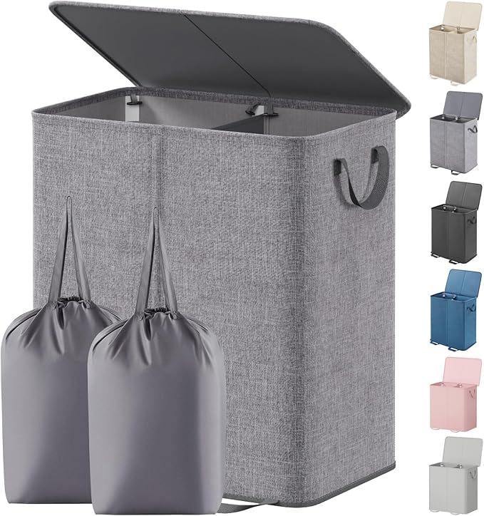 Lifewit Double Laundry Hamper with Lid and Removable Laundry Bags, Large Collapsible 2 Dividers Dirty Clothes Basket with Handles for Bedroom, Laundry Room, Closet, Bathroom, College, 136L Gray