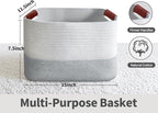 Small Cotton Rope Storage Basket with Leather Handles, 15 "L x 11.5" W x 7.5 "H, Home Decor Basket, Durable & Stylish Organizer for Home.(Small Light Gray)