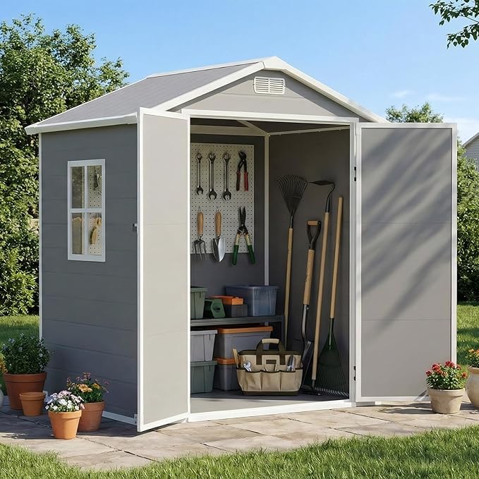 LARBANKE 6×4FT Waterproof Outdoor Storage Shed with Floor and Slop Roof,Garden Storage Tool Shed with Lockable Door&Window,Resin Shed with Ramp&Vent Suitable for Patio,Backyard,Garden,Lawn,Gray