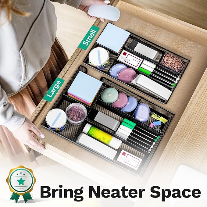 Desk Drawer Organizer Tray Versatile Metal Mesh Desk Organizers and Accessories for Office Supplies, School, Home, 12.60 x 8.66 x 1.77 Inches