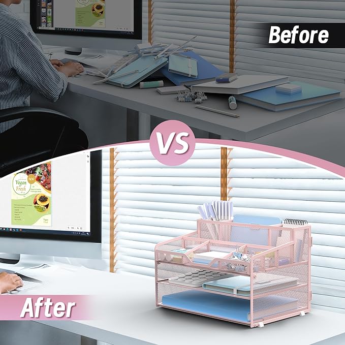 3 Tier Mesh Desk Organizer,Multi Functional Letter Paper Tray with 3 Pen Holders and 5 Adjustable Storage Compartments for Office Supplies Files and Mail Space Saving Desktop Organizer-Pink
