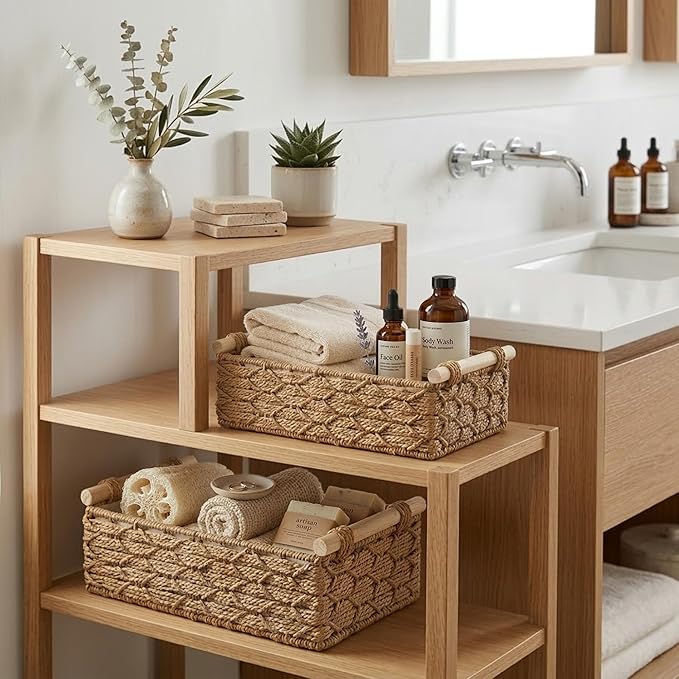 DECOMOMO Paper Rope Wicker Storage Basket, Back of Toilet Basket, Bathroom Organizer, Toilet Tank Tray, Countertop, Home Decor (Beige, Set of 2)