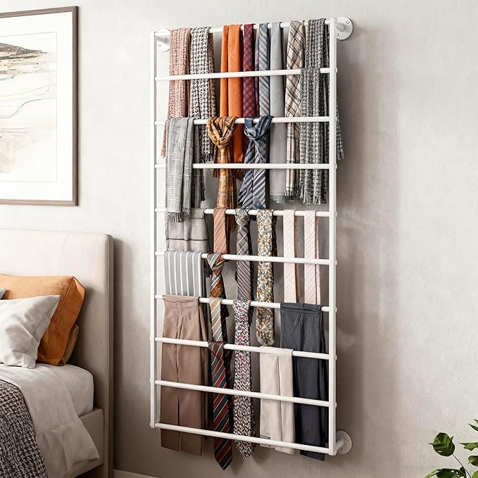 10-Layer Wall Mounted Display Rack, Tie & Scarf Rack Belt Towel Holder Wrapping Paper Ribbon Organizer Scarves Belts Necktie Hijab Stand Metal Shelving for Home, Retail Stores, Flower Shop