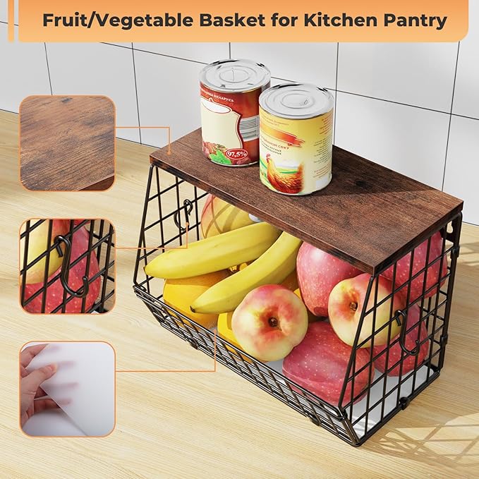 Fruit Basket for Kitchen Counter, Fruit Bowl Stackable Wall Mounted Hanging Fruit Basket Wire Basket with Wood Lid with Banana Hanger Hooks, Onion,Potato,Fruit and Vegetable Storage