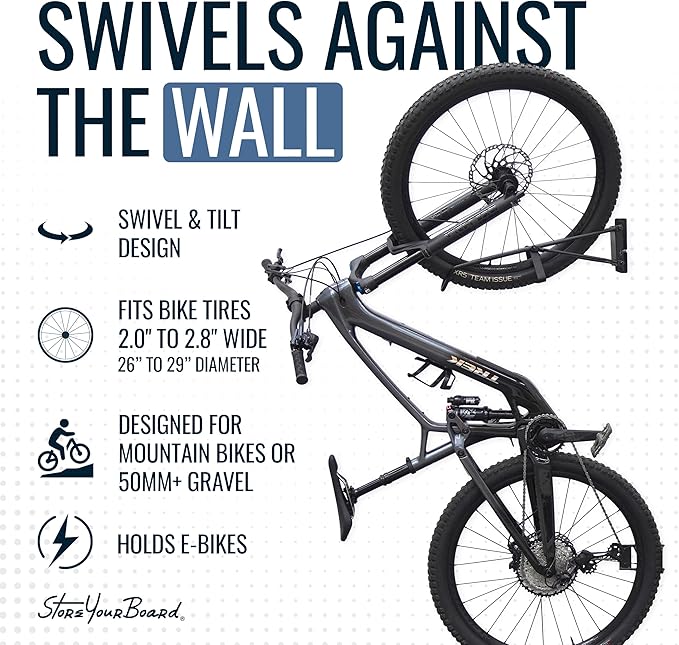 StoreYourBoard SwivelStow Bike Rack Garage Storage Rack 4 Pack - 2 MTB & 2 Road & Gravel Bike Wall Mounts - Heavy Duty Bike Hanger - No-Lift Bike Rack Garage Storage Rack - Holds 70 lb Capacity