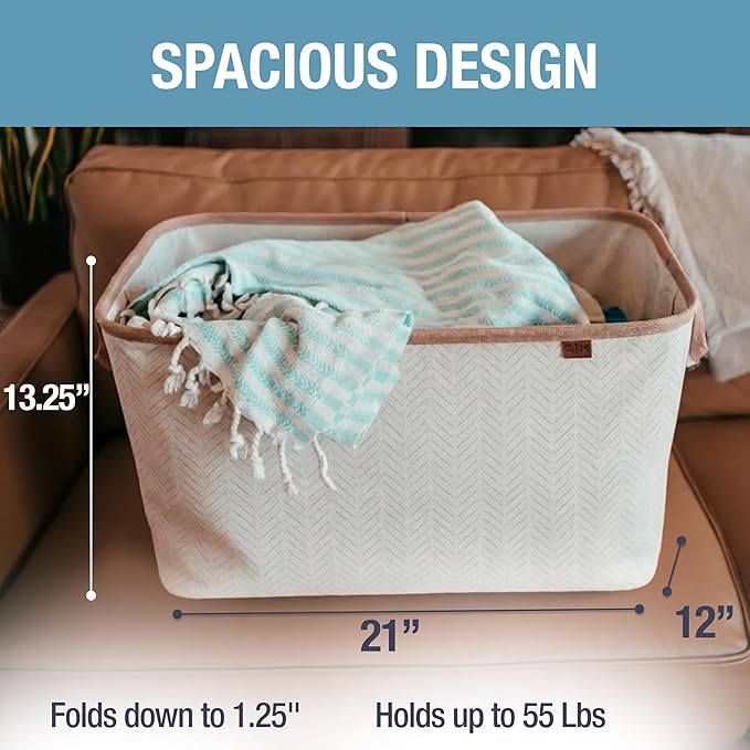 CleverMade Collapsible Laundry Basket LUXE 2 Pack – 60 L (16 Gal) Foldable Cotton Blend Clothes Hamper with Vegan Leather Accents, Reinforced Handles, Space Saving Laundry Bin Holds 55 lbs - Cream