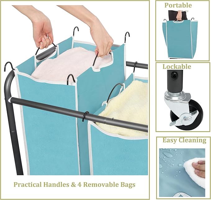 Laundry Sorter 4 Sections, 4-Bag Heavy Duty Rolling Laundry Hamper Cart, Laundry Basket Organizer With Wheels and Removable Bags, Laundry Room Organization For Dirty Clothes, BLUE