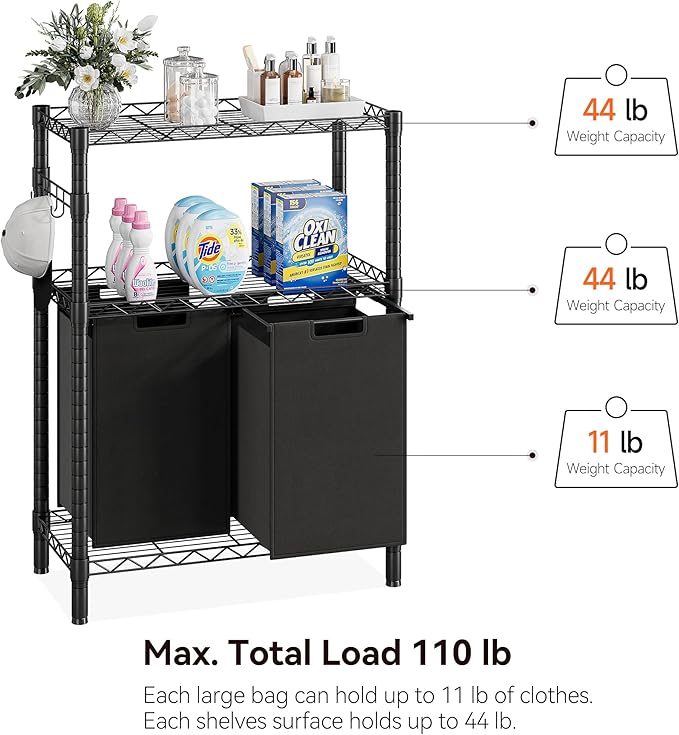 GAOMON Laundry Hamper, Laundry Sorter with 2 Pull-Out & Removable Bag,Laundry Basket Organizer with 2 Tier Adjustable Storage Shelf for Laundry Room,Bathroom,Dorm Organization