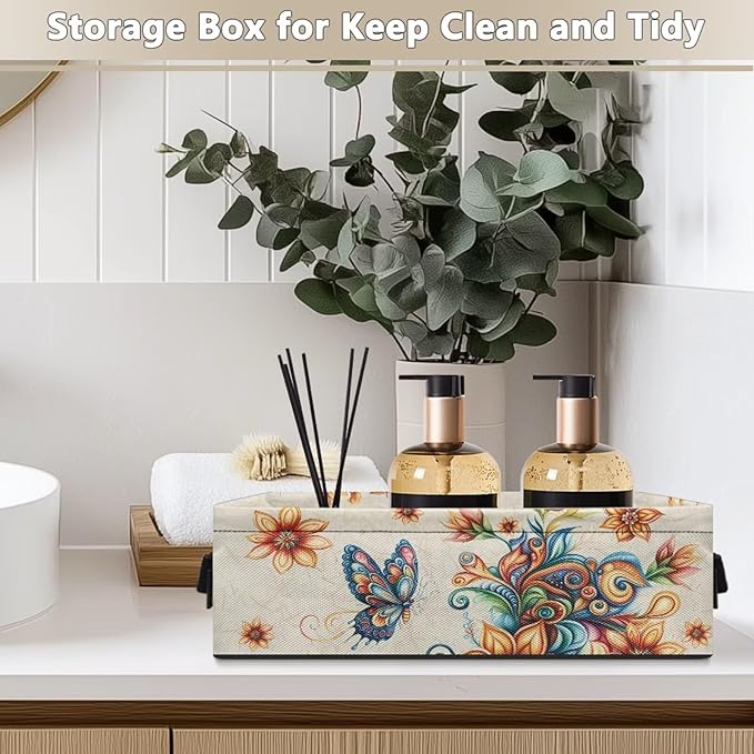 Rectangular Storage Bin Toilet Paper Towels Storage Organizer Bathroom Accessories Multipurpose Storage Caddy for Home Office Bedroom Decor, Boho Butterfly Flower