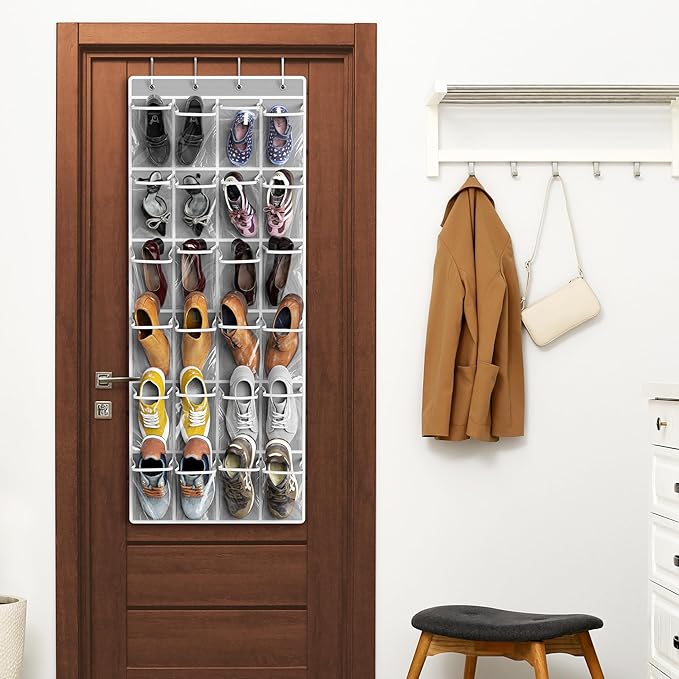 Simple Houseware 24 Pockets Large Clear Pockets Over The Door Hanging Shoe Organizer, Gray (56" x 22.5")