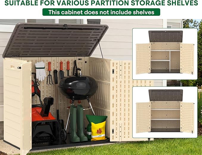 30 Cu.Ft Outdoor Storage Shed, Multi-Purpose Weather-Resistant Utility Shed for Garbage Cans, Lawn Mower, Garden Tools, Waterproof Resin Horizontal Cabinet with Pad-Lockable Doors (Khaki)
