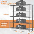 3500LBS 59" W 5 Tiers Storage Shelves, Metal Shelving Wire Metal Shelving Unit Shelves for Storage Adjustable Garage Shelving for Pantry Kitchen Garage Black 17.7" D x 59.1" W x 70.4" H