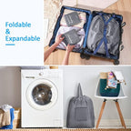 GOGOODA Travel Laundry Bags with Drawstring Closure XL Large Foldable Dirty Clothes bags with Handle Heavy Duty and Washable for College Dorm Travelling Camping, 2 Pack, Navy Blue