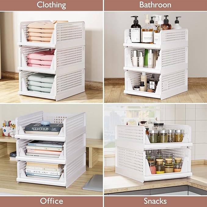 CTSNSLH 5 Pack Closet Organizers Storage Box, Closet Storage Stackable Storage Bins, Plastic Drawer Basket for Wardrobe Cupboard Kitchen Bathroom Office, White