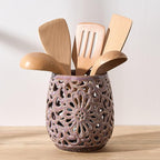 Farmhouse Kitchen Utensil Holder for Kitchen Counter, Ceramic Large Cooking Utensil Crock with Cork Mat, Countertop Cooking Tool Spatula Organizer, Purple Antique Design