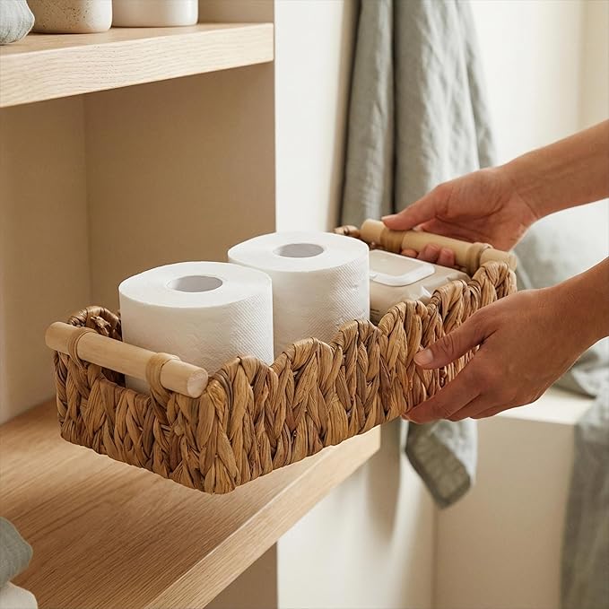 Scalloped Edge Wicker Basket with Wooden Handles, Water Hyacinth Bathroom Counter Organizer for Vanity, Shelves & Coffee Table, Decorative Storage – 14" x 6.3" x 3.9"