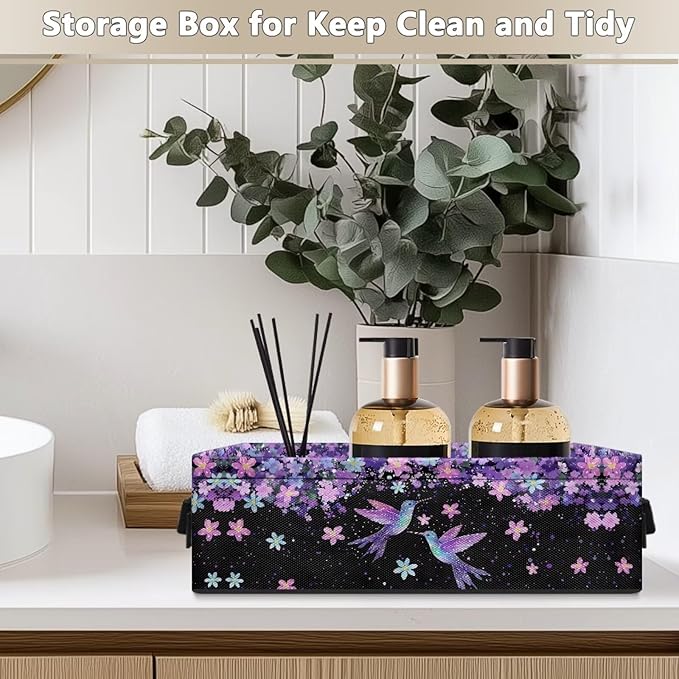 Narrow Storage Bin Toilet Tank Topper Baskets Universal Fabric Baskets Rectangular Foldable Storage Caddy Container for Towels Bathroom Essentials, Blue Violet Hummingbird Flower Black