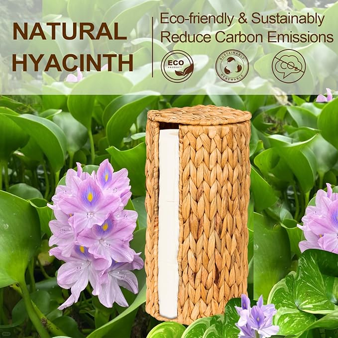 FairyHaus Wicker Toilet Paper Storage Basket with Lid, 3 Rolls Natural Water Hyacinth Toilet Paper Holder with Storage, Handwoven Toilet Paper Holder Stand Basket for Bathroom