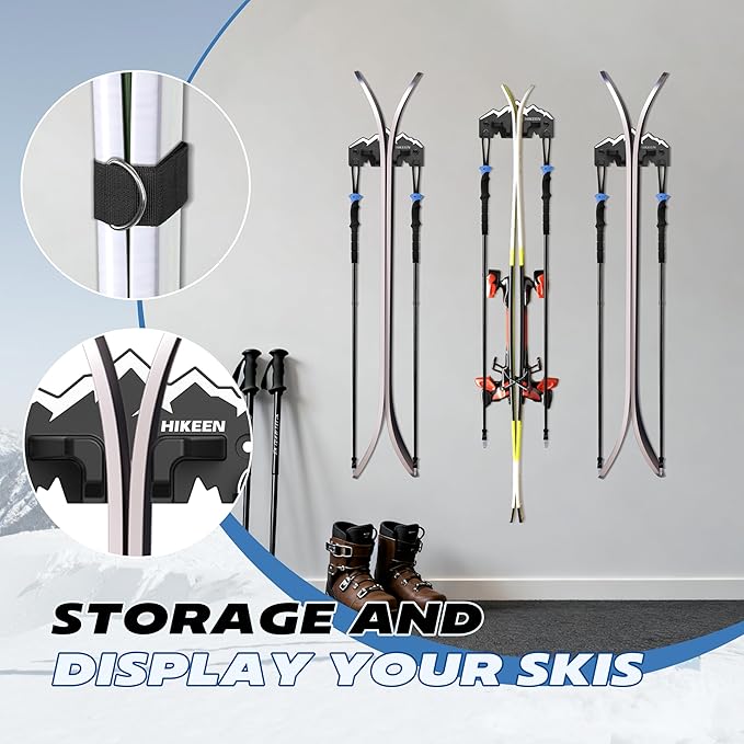 Hikeen Ski Wall Rack for Garage - Ski Wall Mount Storage Rack Fits Any Ski,Garage Organization & Space-Saving Winter Gear - Durable Ski Rack for Wall Display 2Pack