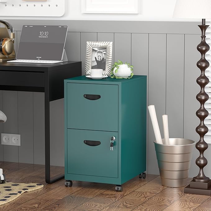 2 Drawer File Cabinet with Lock,Green Rolling File Cabinet for Home Office,Printer Stand, Metal Small Mobile Filing Cabinets on Wheels for Hanging Letter