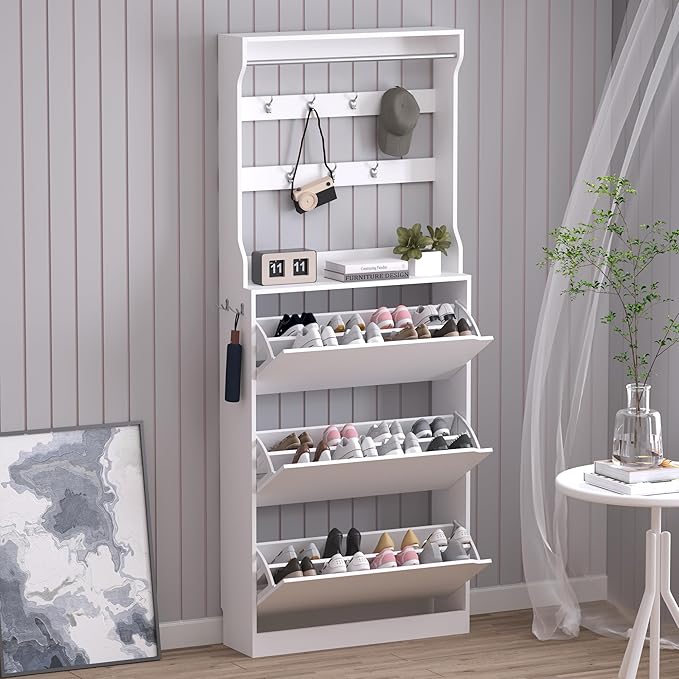 Shoe Cabinet with 3 Flip Drawers & Coat Rack, Narrow Hidden Shoe Storage Cabinet, 2-in-1 Hall Tree Slim Freestanding Shoe Rack Organizer for Entryway, Hallway, and Living Room