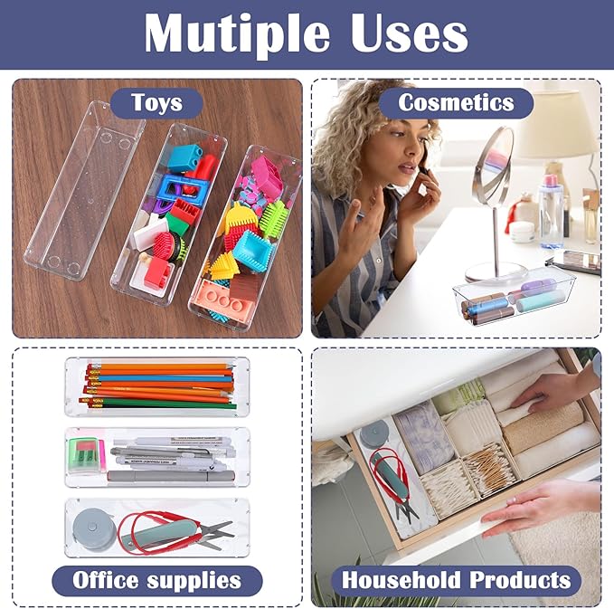 MAQUITA 12 Pcs Vanity Drawer Organizer 9 x 3 x 2 Inches Clear Plastic Utensil Organizers Kitchen Drawers Dividers for Office Desk Silverware Kitchen Utensils Cosmetics and Bathrooms(Clear)