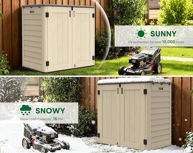 30 Cu.Ft Outdoor Storage Shed, Multi-Purpose Weather-Resistant Utility Shed for Garbage Cans, Lawn Mower, Garden Tools, Waterproof Resin Horizontal Cabinet with Pad-Lockable Doors (Khaki)