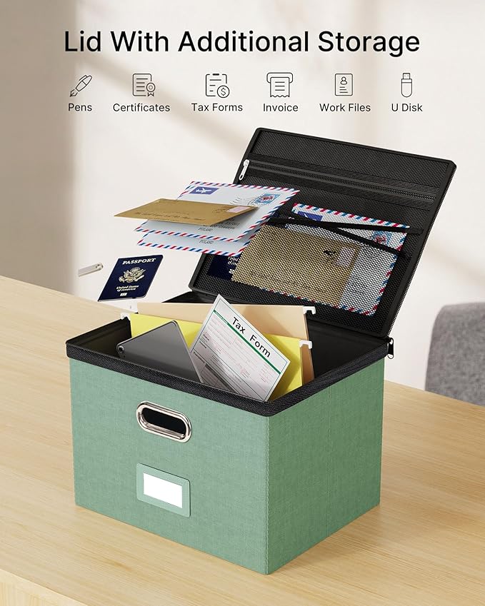 Oterri 2 Pack Large File Organizer Boxes with Lids, File Box with Mesh Pockets, Document Organizer Box for Letter/Legal Size Folders, Zippers Important Document Organizer (Green, Without Folders)