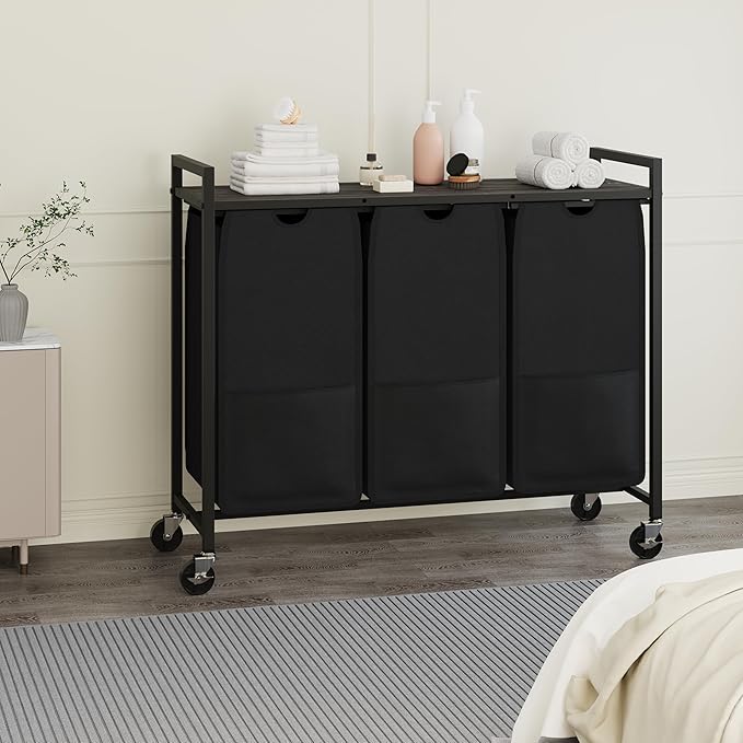 Laundry Sorter with Wheels & 100lb Top Shelf, Rolling 3 Section Removable Pull-Out Fabric Bags Hamper Basket, Sturdy Grey Black Iron Organizer for Room Organization