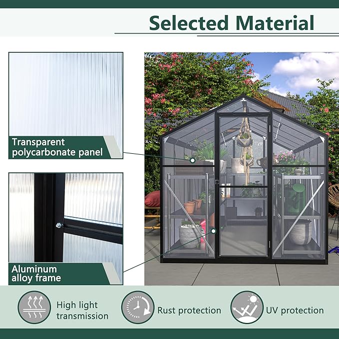 Large Walk-in Clear Polycarbonate Greenhouse with Rain Gutters & Adjustable Roof Vent - Sturdy Aluminum Frame Outdoor Plant House for Vegetable, Flower & Garden Growth-Outbuilding (6x10 ft)