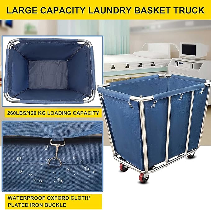 Commercial Laundry cart with wheels,10 Bushel Large Industrial Rolling Laundry Hamper with Waterproof Lining,Home Heavy Duty Laundry Baskets with Stainless Steel Frame, 260 LBS Load