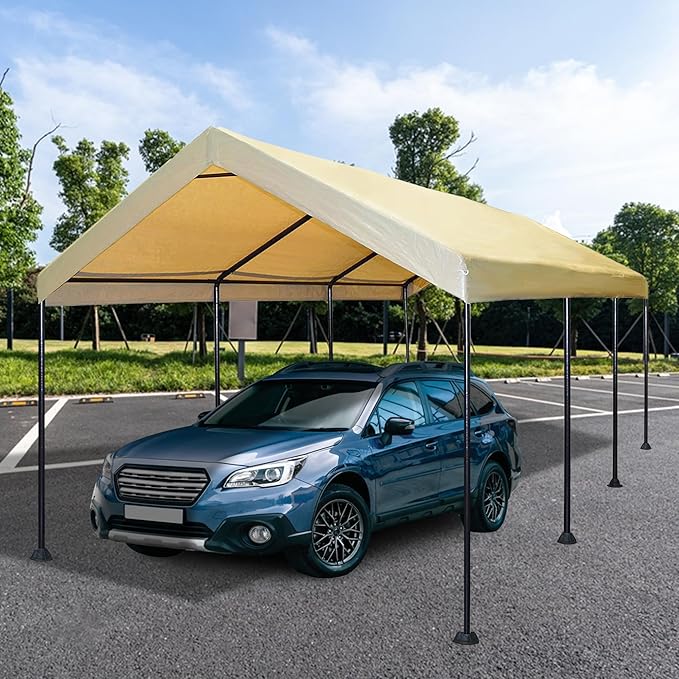 Caravan Canopy Mega Domain Carport with Waterproof Polyethylene Top, Durable Steel Frame, Compression Lock, and Easy Assembly, 10 by 20 Feet, Tan