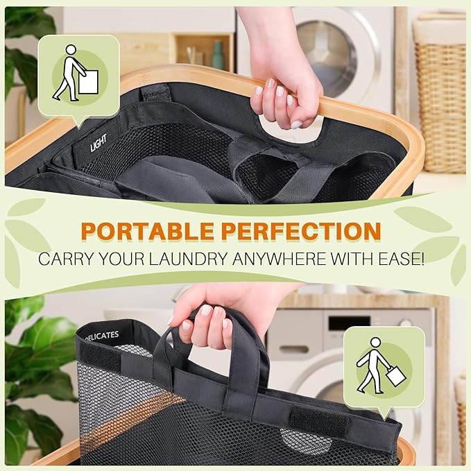 Laundry Hamper with Lid, 160L Dirty Clothes Hamper for Laundry Basket 3 Section, Extra Large Laundry Sorter Hamper 3 Compartment with Removable Inner Bags & Labels, Dark Grey