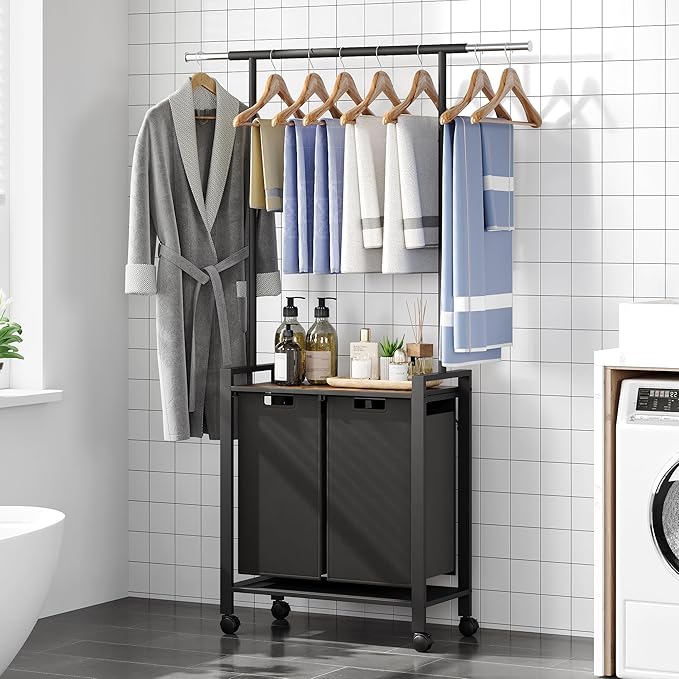 2 Laundry Hamper Sorter with Wheel/Lockable, Laundry Room Organization With Shelf, 42" Hanging Rack+12" Extendable Rod, Laundry Basket for Balcony, Cloakroom