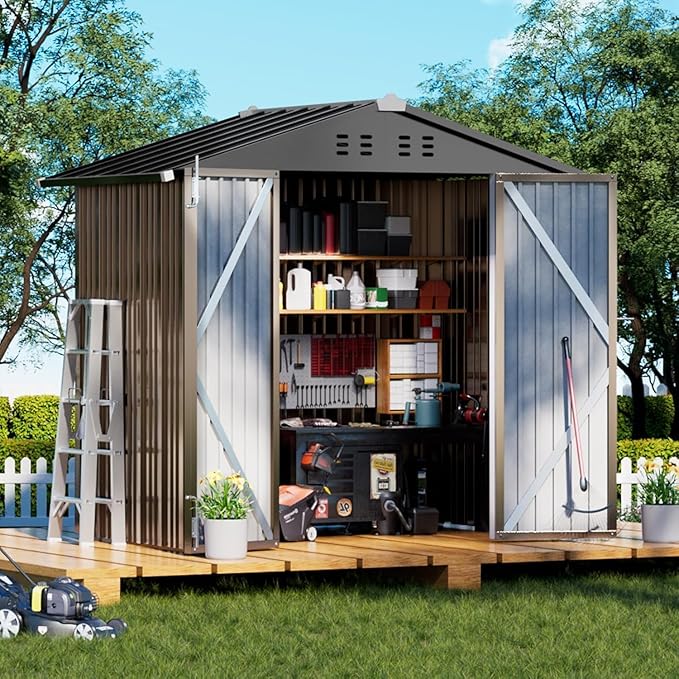 COMHOMA Shed Outdoor Storage Shed Metal,Lockable Doors Tool Sheds with Sloping Roof,Steel Garden Shed with Air Vent for Backyard,Patio,Lawn,Poolside(Brown,6'x4')