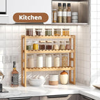 FILWH Bamboo Organizer Rack - Adjustable 3-Tier Storage Shelf, Wall Mounted or Over The Toilet, Living Room, Kitchen (Natural)
